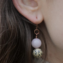 Load image into Gallery viewer, Dalmatian Jasper and Rose Quartz Rose Gold Vermeil, 9k or 18k Rose Gold Earrings, Bloom Collection | by nlanlaVictory