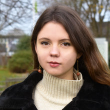 Load image into Gallery viewer, Brown Goldstone and Yellow Gold Vermeil Earrings, Heart Chain Earrings, Bloom Collection  | by nlanlaVictory