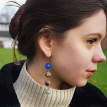 Load image into Gallery viewer, Blue Aventurine, Dalmatian Jasper, Mookaite and Sesame Jasper Yellow gold vermeil or 18k gold earrings | by nlanlaVictory