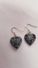 Load and play video in Gallery viewer, Snowflake Obsidian Drop Earrings, Heart Sterling Silver Drop Earrings, Gemstone Earrings | by nlanlaVictory