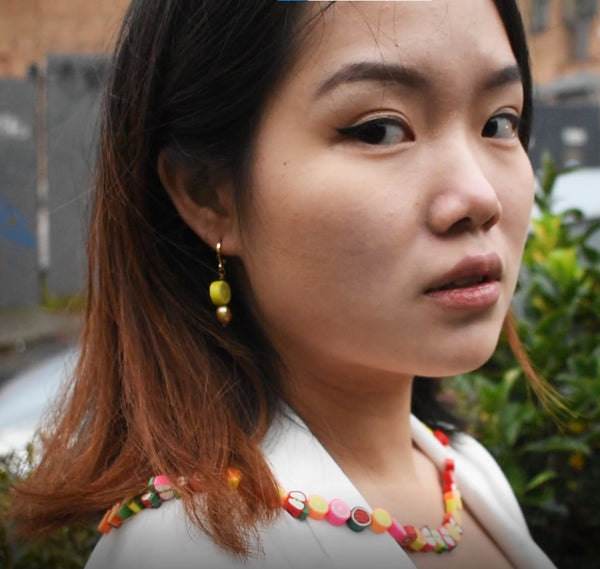 Gold freshwater pearl with lemon huggie earrings| by Ifemi Jewels