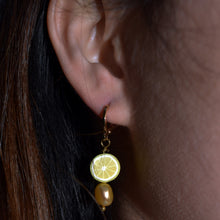 Load image into Gallery viewer, Gold freshwater pearl with lemon huggie earrings| by Ifemi Jewels