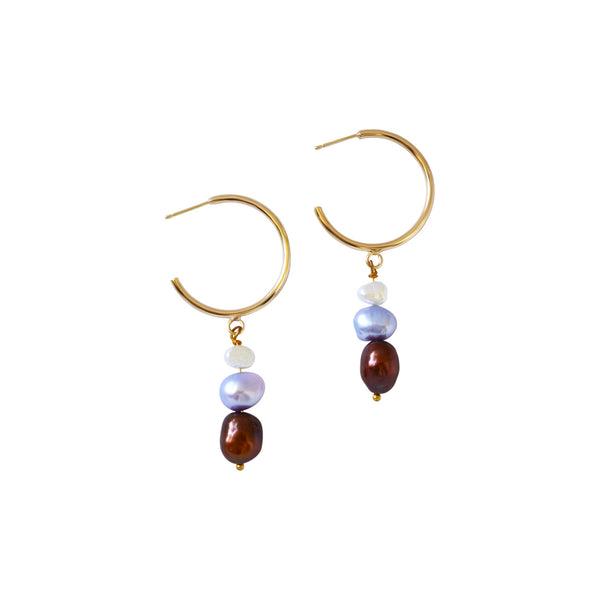 White, purple, and bronze freshwater pearl gold-plated brass hoop earrings | by Ifemi Jewels