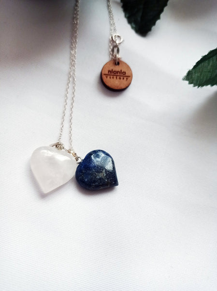Lapis Lazuli and Rose Quartz Hearts Necklace, Lapis Lazuli and Rose Quartz Sterling Silver necklace,  Lapis Lazuli and Rose Quartz Pendants, Gemstone Necklace | by nlanlaVictory