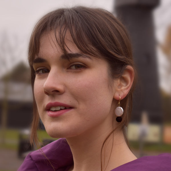 Coin freshwater pearl huggie earrings with black onyx gemstone bead | by Ifemi Jewels