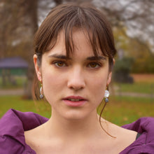 Load image into Gallery viewer, Coin freshwater pearl huggie earrings with purple pearls | by Ifemi Jewels