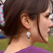 Load image into Gallery viewer, Coin freshwater pearl huggie earrings with purple pearls | by Ifemi Jewels