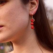 Load image into Gallery viewer, Coral gemstone asymmetric gold huggie earrings | by Ifemi Jewels
