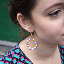 Load image into Gallery viewer, Gold and purple freshwater pearl hoop earrings | by Ifemi Jewels
