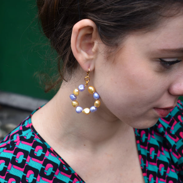 Gold and purple freshwater pearl hoop earrings | by Ifemi Jewels