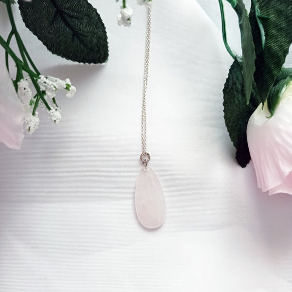 Rose Quartz Necklace, Rose Quartz Sterling Silver necklace, Rose Quartz Teardrop Pendant Necklace | by nlanlaVictory