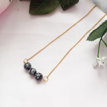 Load image into Gallery viewer, Snowflake Obsidian Yellow Gold Vermeil Necklace, Snowflake Obsidian Bar Necklace, Gemstone Bar Necklace, Pendant Necklace | by nlanlaVictory