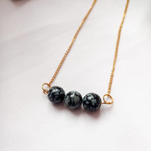Load image into Gallery viewer, Snowflake Obsidian Yellow Gold Vermeil Necklace, Snowflake Obsidian Bar Necklace, Gemstone Bar Necklace, Pendant Necklace | by nlanlaVictory