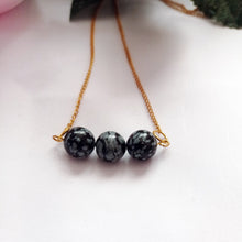 Load image into Gallery viewer, Snowflake Obsidian Yellow Gold Vermeil Necklace, Snowflake Obsidian Bar Necklace, Gemstone Bar Necklace, Pendant Necklace | by nlanlaVictory
