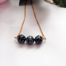 Load image into Gallery viewer, Snowflake Obsidian Yellow Gold Vermeil Necklace, Snowflake Obsidian Bar Necklace, Gemstone Bar Necklace, Pendant Necklace | by nlanlaVictory