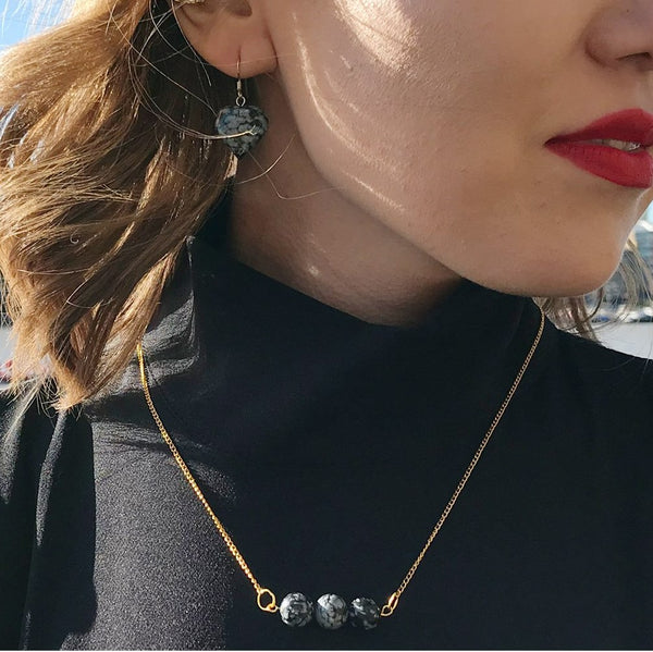 Snowflake Obsidian Yellow Gold Vermeil Necklace, Snowflake Obsidian Bar Necklace, Gemstone Bar Necklace, Pendant Necklace | by nlanlaVictory