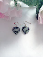 Load image into Gallery viewer, Snowflake Obsidian Drop Earrings, Heart Sterling Silver Drop Earrings, Gemstone Earrings | by nlanlaVictory