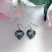 Load image into Gallery viewer, Snowflake Obsidian Drop Earrings, Heart Sterling Silver Drop Earrings, Gemstone Earrings | by nlanlaVictory