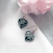 Load image into Gallery viewer, Snowflake Obsidian Drop Earrings, Heart Sterling Silver Drop Earrings, Gemstone Earrings | by nlanlaVictory