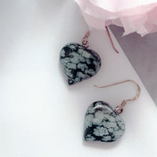Load image into Gallery viewer, Snowflake Obsidian Drop Earrings, Heart Sterling Silver Drop Earrings, Gemstone Earrings | by nlanlaVictory