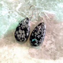Load image into Gallery viewer, Snowflake Obsidian Earrings, Teardrop Sterling Silver Earrings, Gemstone Earrings | by nlanlaVictory
