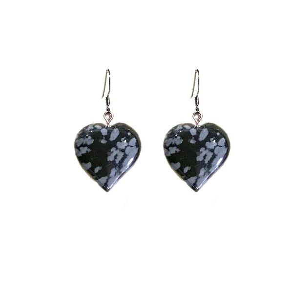 Snowflake Obsidian Drop Earrings, Heart Sterling Silver Drop Earrings, Gemstone Earrings | by nlanlaVictory