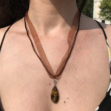 Load image into Gallery viewer, Tiger Eye Necklace, Heart Pendant Necklace, Gemstone Necklace, Ribbon Necklace | by nlanlaVictory