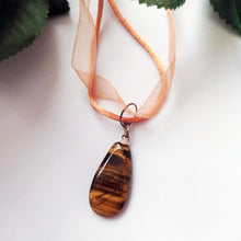 Load image into Gallery viewer, Tiger Eye Necklace, Heart Pendant Necklace, Gemstone Necklace, Ribbon Necklace | by nlanlaVictory