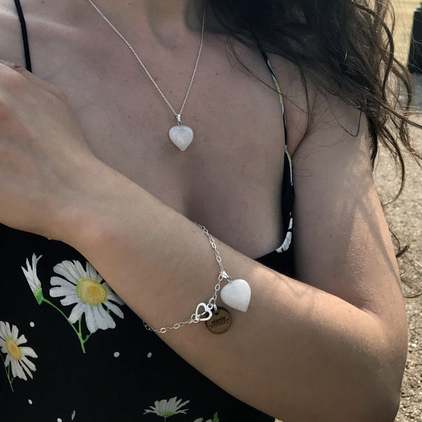 White Quartz Bracelet, Sterling Silver Heart Bracelet, Heart Charm Bracelet | by nlanlaVictory