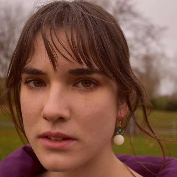 Abalone shell, white coin pearl Huggie Hoop Earrings | by Ifemi Jewels