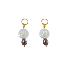 Load image into Gallery viewer, Coin freshwater pearl huggie earrings with purple pearls | by Ifemi Jewels