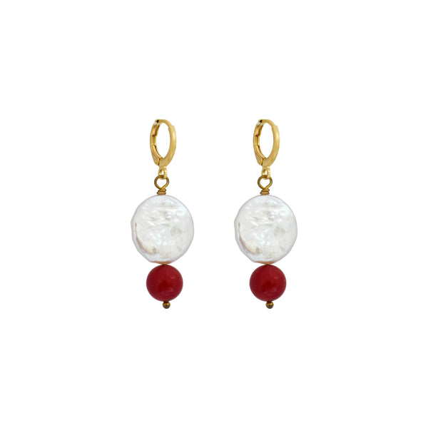 Coin freshwater pearl huggie earrings with red coral bead | by Ifemi Jewels