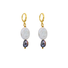 Load image into Gallery viewer, Coin freshwater pearl huggie earrings with purple pearls | by Ifemi Jewels