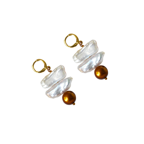 Unusual biwa bronze freshwater pearl huggie earrings | by Ifemi Jewels