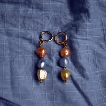 Load image into Gallery viewer, Orange Gold Blue Trio freshwater pearl earrings | by Ifemi Jewels
