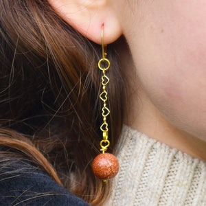 Brown Goldstone and Yellow Gold Vermeil Earrings, Heart Chain Earrings, Bloom Collection  | by nlanlaVictory