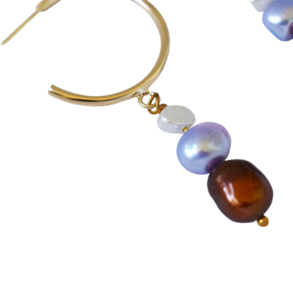 White, purple, and bronze freshwater pearl gold-plated brass hoop earrings | by Ifemi Jewels