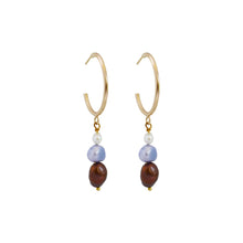 Load image into Gallery viewer, White, purple, and bronze freshwater pearl gold-plated brass hoop earrings | by Ifemi Jewels
