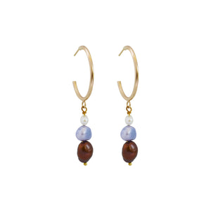 White, purple, and bronze freshwater pearl gold-plated brass hoop earrings | by Ifemi Jewels