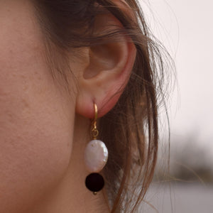 Coin freshwater pearl huggie earrings with black onyx gemstone bead | by Ifemi Jewels