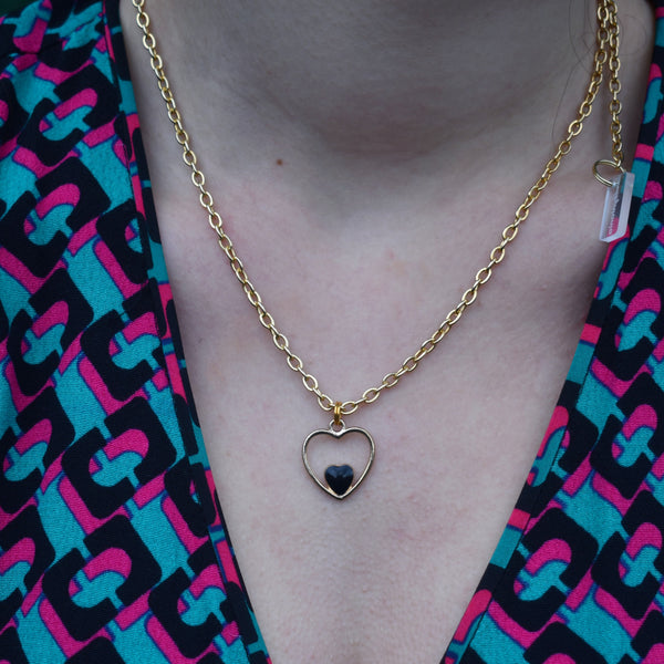 Black heart enamel pendant necklace on 18 inch gold plated chain | by Ifemi Jewels