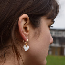 Load image into Gallery viewer, Mother of Pearl Heart Huggie Hoop Earrings | by Ifemi Jewels
