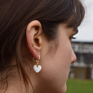 Mother of Pearl Heart Huggie Hoop Earrings | by Ifemi Jewels