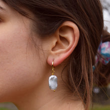 Load image into Gallery viewer, Silver freshwater pearl huggie hoop earrings | by Ifemi Jewels
