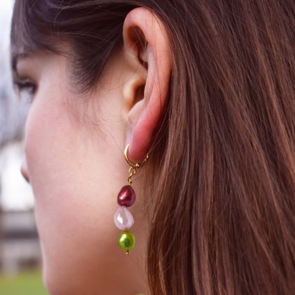 Purple pink light green freshwater pearl huggie earrings | by Ifemi Jewels