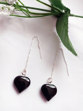 Load image into Gallery viewer, Onyx Heart Threader Earrings, Sterling Silver Earrings | by nlanlaVictory
