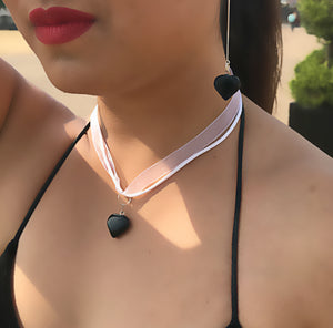 Black Onyx Necklace, White Ribbon Necklace, Gemstone Necklace, Black and White | by nlanlaVictory
