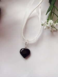 Black Onyx Necklace, White Ribbon Necklace, Gemstone Necklace, Black and White | by nlanlaVictory