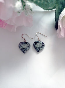 Snowflake Obsidian Drop Earrings, Heart Sterling Silver Drop Earrings, Gemstone Earrings | by nlanlaVictory