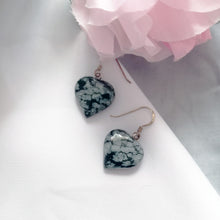 Load image into Gallery viewer, Snowflake Obsidian Drop Earrings, Heart Sterling Silver Drop Earrings, Gemstone Earrings | by nlanlaVictory
